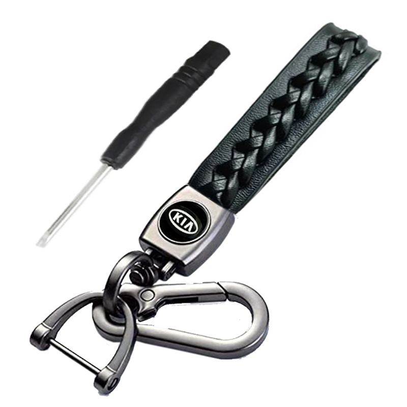 ميدالية وسلسلة مفاتيح سيارة جلد مضفرة متوافقة مع - كيا - لون اسود
