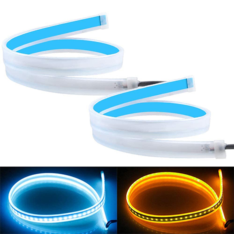 شريط اضاءة ليد مرن لفوانيس السيارة الامامية ، شريط انبوبي اضاءة نهارية متسلسة ثنائي اللون ابيض نهاري وضوء اصفر/ كهرماني ، تدفق متتابع - اضاءة اصفر وابيض - 2 شريط (الشريط 30 سم)