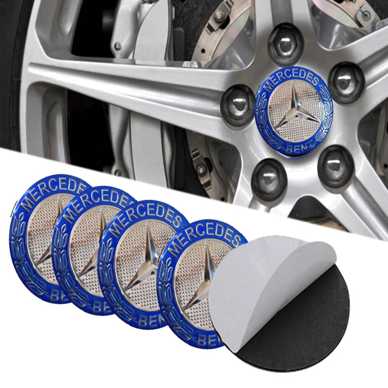 طقم ملصق جنط غطاء محور اطارات السيارة 3D قابل للصق - 4 قطع - مناسب مرسيدس ازرق