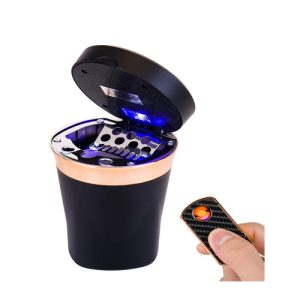 طفاية سجائر للسيارة , تضمن ولاعة قابلة للإزالة والشحن بالطاقة الشمسية ، مع ضوء LED أزرق - لون اسود