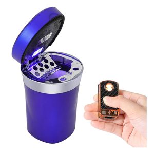 طفاية سجائر للسيارة , تضمن ولاعة قابلة للإزالة والشحن بالطاقة الشمسية ، مع ضوء LED أزرق - لون ازرق