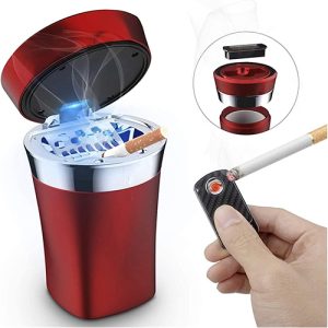 طفاية سجائر للسيارة , تضمن ولاعة قابلة للإزالة والشحن بالطاقة الشمسية ، مع ضوء LED أزرق - لون نبيتى احمر