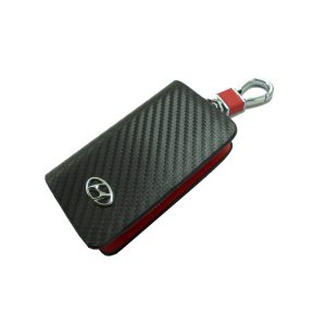 حافظة وسلسلة مفاتيح سيارة جلد اسود احمر كاربون بسوستة جودة عالية - متوافقة مع - هيونداى