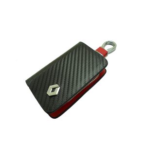 حافظة وسلسلة مفاتيح سيارة جلد اسود احمر كاربون بسوستة جودة عالية - متوافقة مع - رينو