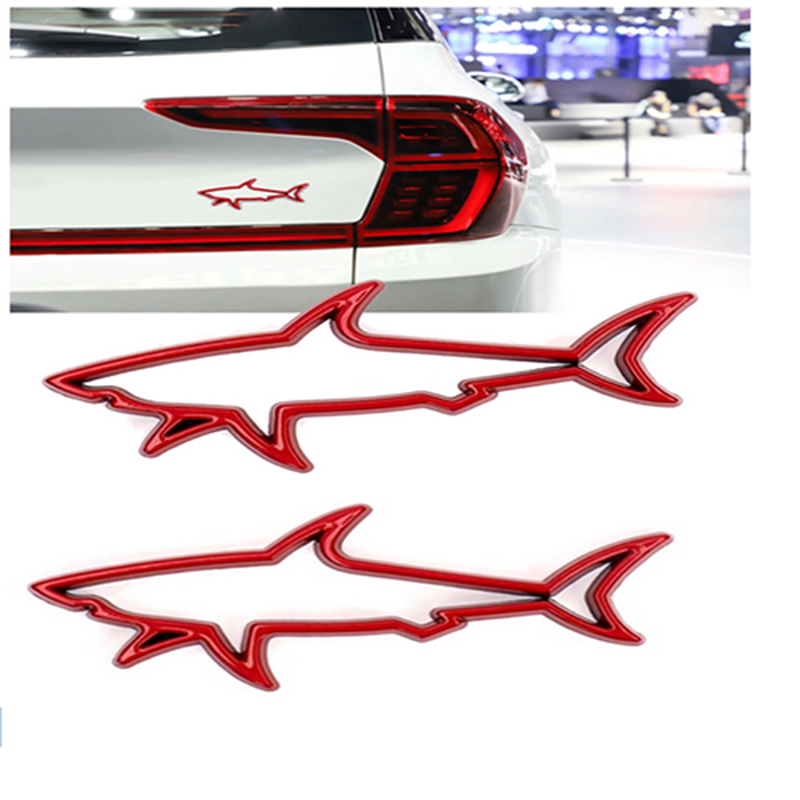 ملصق سيارة ثلاثى الابعاد معدن شكل قرش قطعتين احمر