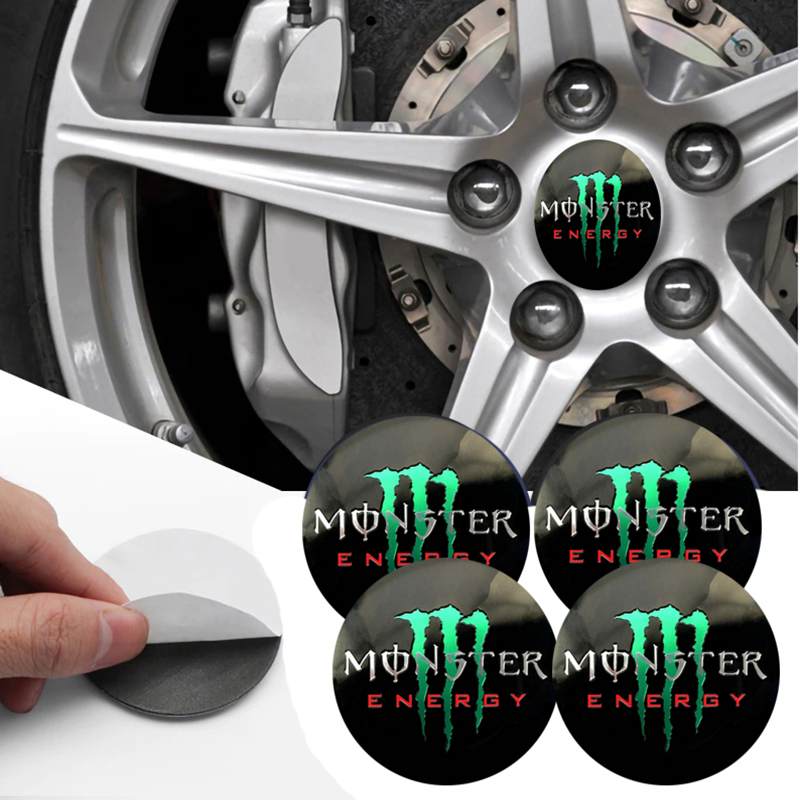 طقم ملصق جنط غطاء محور اطارات السيارة 3D قابل للصق - 4 قطع - مناسب ل MONSTER