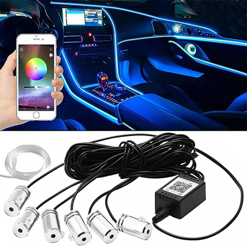 شريط اضاءة LED داخلي للسيارة 5 في 1 باضاءة محيطية RGB من 16 مليون لون بوظيفة التنشيط بالصوت والتحكم اللاسلكي عن طريق البلوتوث والتطبيق مع الياف بصرية من 236 بوصة متعدد الالوان