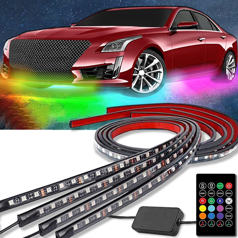 جوستيك مجموعة مصابيح LED نيون متوهجة تحت السيارة بجهد 12 فولت باضاءة RGB مكونة من 4 قطع × 8 الوان مع اضاءة داخلية مع صوت نشط وجهاز تحكم عن بعد لاسلكي لمصد السيارة