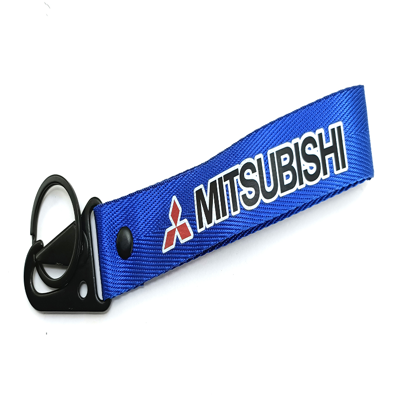 ميدالية وسلسلة مفاتيح سيارة قماش بحلقة معدن متوافق مع شعار سيارة  -ميتسوبيشى- لون ازرق