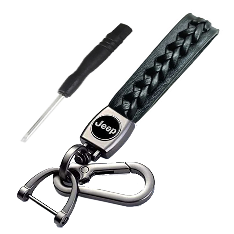 ميدالية وسلسلة مفاتيح سيارة جلد مضفرة متوافقة مع - جيب  - لون اسود