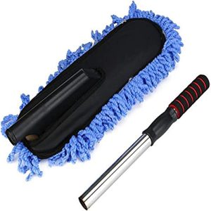 مساحة وفرشاة منفضة غبار لتنظيف السيارة من الداخل والخارج والاماكن الضيقة ريش من المايكروفايبر بمقبض طويل قابل للسحب والتعديل والفك - ازرق