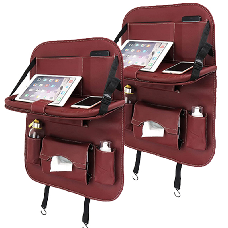 منظم لمقعد السيارة مزودة بصينية قابل للطي، حامل متعدد الاغراض مصنوع من جلد البولي يوريثين، توفر حماية متينة لاغراض السفر، وتمتاز بمقاومتها للماء (لون جملي)2قطعه