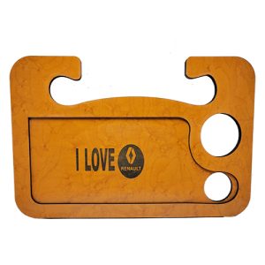 صنية طاولة طعام ومشروبات ومتعلقات خشب للسيارة متعددة الاستخدامات استاند ماكولات واستاند لابتوب - حفر ليزر رينو I LOVE - طول 42 سم عرض 26.5 سم ارتفاع 10مم
