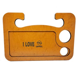 صنية طاولة طعام ومشروبات ومتعلقات خشب للسيارة متعددة الاستخدامات استاند ماكولات واستاند لابتوب - حفر ليزر اوبل I LOVE - طول 42 سم عرض 26.5 سم ارتفاع 10مم