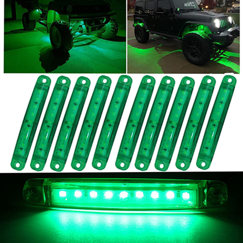 مرر المؤشر فوق الصورة لتكبيرها شريط اضاءة LED اخضر 12 فولت/24 فولت تيار مستمر للسيارة، مجموعة اضاءة جيدة لرفرف العجلات الخارجية للسيارات وعربة الجولف وجيب رانجلر وشاحنة فورد من جيهزاي دبليو جيه (10 قطع)