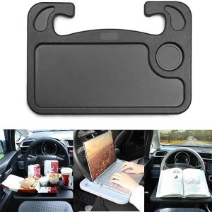 طاولة صنية مكتب عجلة قيادة السيارة المحمول واللابتوب والتابلت والايباد والنوت بوك وطاولة السفر بالسيارة، خطاف لتناول الطعام على صينية عجلة القيادة، للمسافرين الدائمين، يناسب معظم عجلات قيادة السيارات