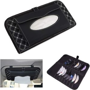 حافظة مناديل وكروت و سى دى تعلق فى شماسة السيارة تحتوى على 14 جيب لحمل الكروت والسى دى - لون اسود خط ابيض -