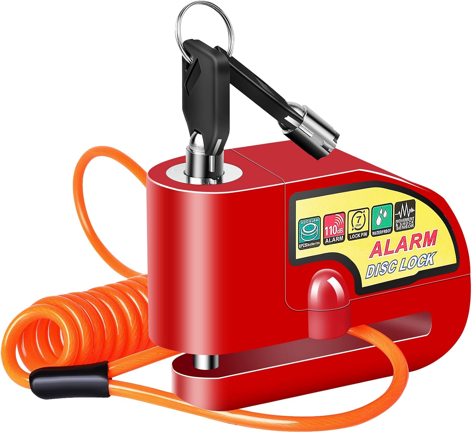 قفل انذار امان للموتوسيكل بصوت تنبيه 110 ديسيبل لقرص عجلة الموتوسيكل والدراجة والسكوتر (احمر)