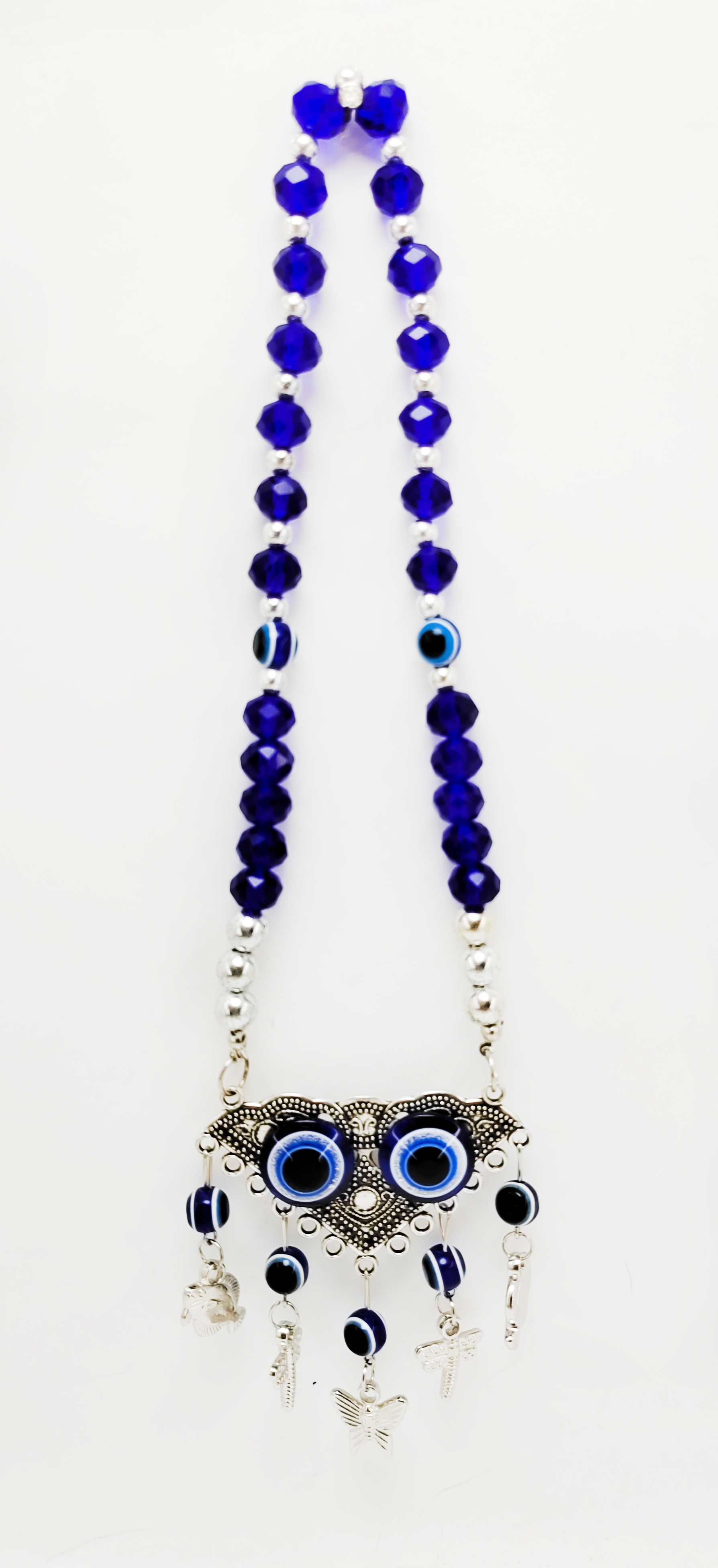 دلاية علاقة سبحة خرز عين ازرق فى سلفر للسيارة والمكتب والمنزل - معدن مع دلايات متعددة ومتنوعة الاشكال- كود 6261 -