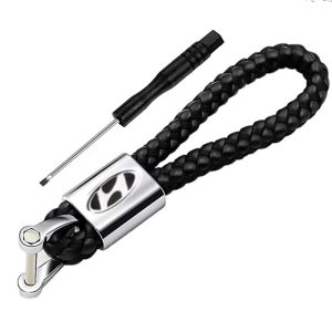 ميدالية وسلسلة مفاتيح سيارة جلد مضفرة مناسبة لمفاتيح السيارة والدراجات النارية ومفاتيح العائلة - متوافقة مع هيونداى لون اسود