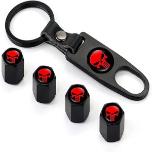 طقم غطاء صمام بلف اطارات السيارات 4 قطع مع ميدالية معدن ، مناسبة لاطارات السيارات والدراجات والدراجات النارية متوافقة مع جمجمة كائن فضائى