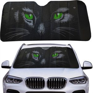 شماسة سيارة لزجاج السيارة الامامى للحماية من الاشعة فوق البنفسجية والحرارة، مظلة حماية عاكسة قابلة للطي وجة اشكال ورسومات ووجة اخر فضى مقاس 130 فى 60 سم - كود 7508 نمر عيون ازرق