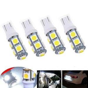 لمبة ليد فائقة السطوع LED اسفين، T10 W5W 194 168 ابيض ساطع 5050 9SMD، لمبات داخلية بديلة، لمبات للتابلوه والباب ولوحة الترخيص في السيارة - تيار مستمر 12 فولت - أبيض 9 ليد - 4 قطع