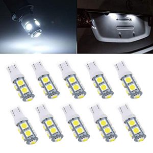 لمبة ليد فائقة السطوع LED اسفين، T10 W5W 194 168 ابيض ساطع 5050 9SMD، لمبات داخلية بديلة، لمبات للتابلوه والباب ولوحة الترخيص في السيارة- تيار مستمر 12 فولت - أبيض 9 ليد - 10 قطع