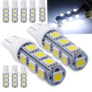 لمبات LED اسفين، T10 W5W 194 168 ابيض ساطع 5050 13SMD، لمبات داخلية بديلة، لمبات للتابلوه والقبة والخريطة والباب ولوحة الترخيص في السيارة - تيار مستمر 12 فولت - أبيض 13 ليد - 10 قطع