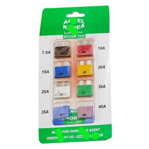 مجموعة فيوزات بمقاس صغير ماكسي، للسيارة والشاحنة مكون من 7.5 / 10 / 15/ 20 / 25 / 30 / 35 / 40 امبير للسيارات الحديثة ومعظم انواع السيارات- عدد 8 قطع (كارت واحد )