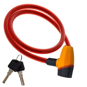 قفل دراجة عالمي من فولاذ مقاوم للصدأ بكابل مضاد للسرقة للموتوسيكلات ودراجات الطرق الوعرة، قفل أمان مع مفتاحين ( واير احمر طول 145 سم)