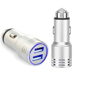 شاحن سيارة مزدوج ، مع وصلة كابل و رأس معدنية تستخدم كمطرقة للسلامة ، متعدد الاستخدامات (كود : 8034)