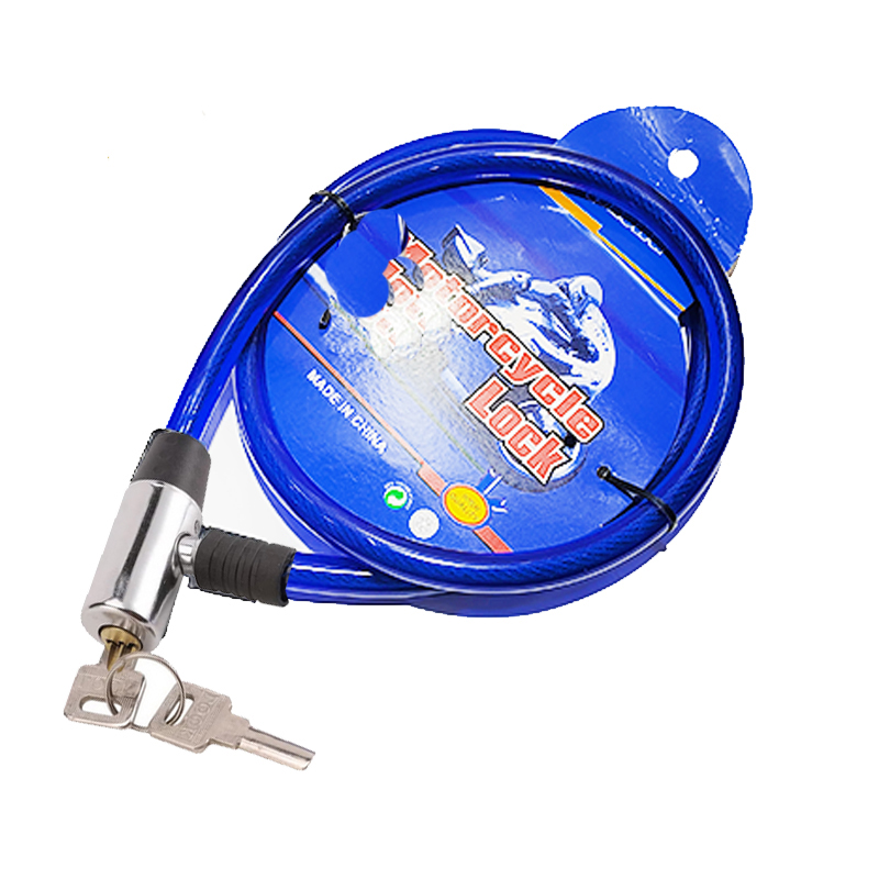 قفل دراجة عالمي من فولاذ مقاوم للصدأ بكابل مضاد للسرقة للموتوسيكلات ودراجات الطرق الوعرة، قفل أمان مع مفتاحين ( ازرق قطر صغير 1.5 سم ، طول 116 سم ، كود: 8703)
