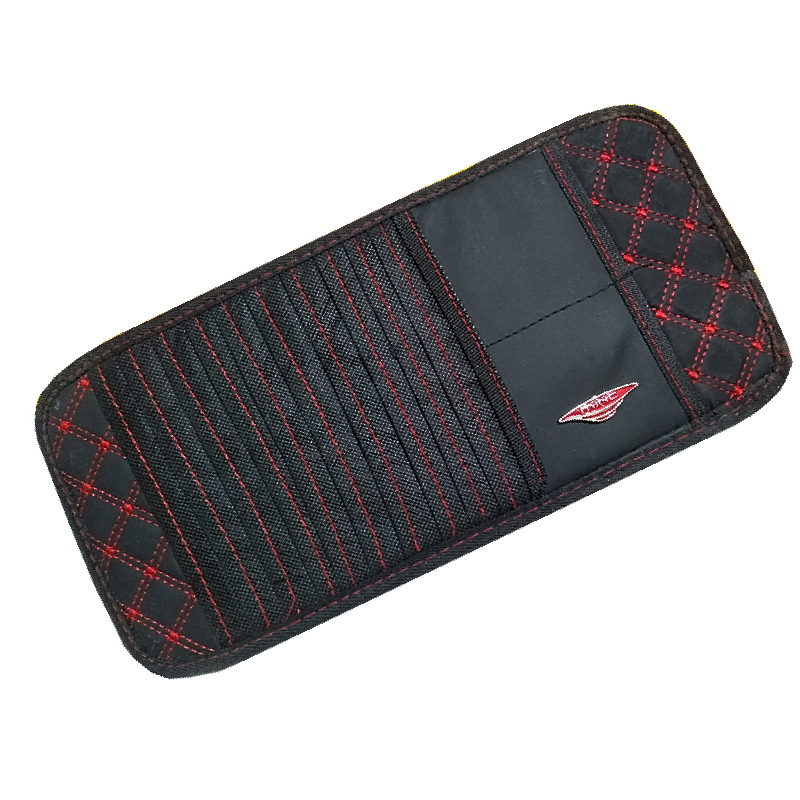 حافظة سى دى وكروت والرخص والفيزا وغيرها ، 12 جيب ، منظم متعدد الوظائف فى السيارة ، ( قطعة واحدة لون اسود خط احمر ، كود : 8801)