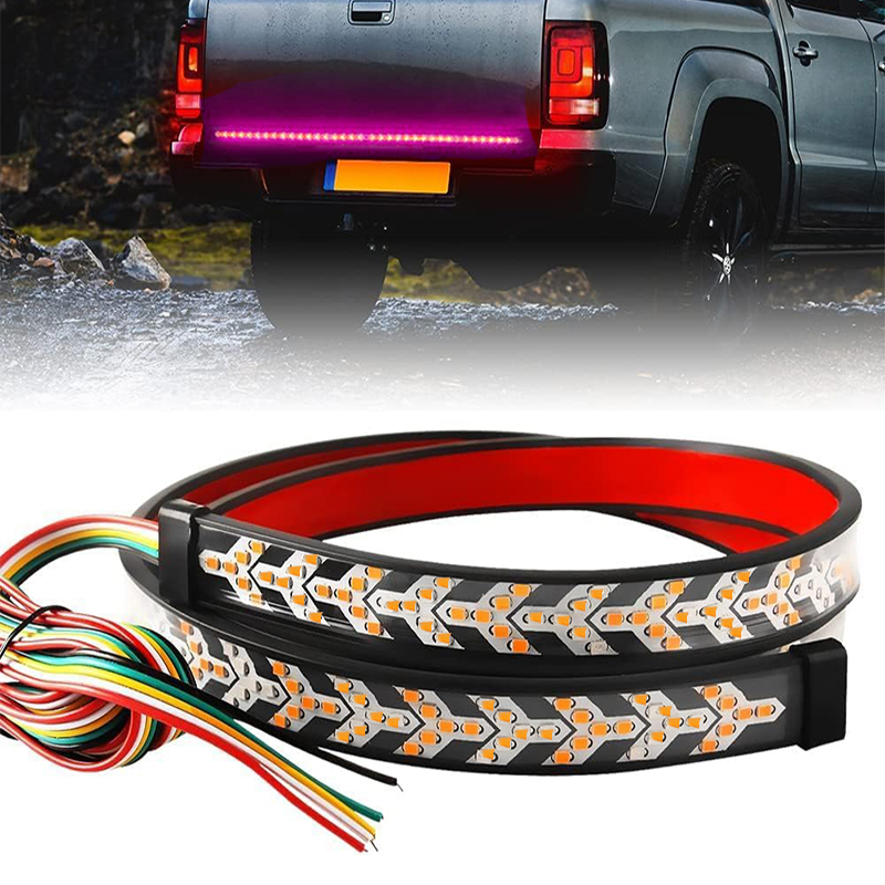 شريط ليد فانوس خلفي ، اشارة فرامل يمين ويسار بتصميم شريط ضوء لشنطة السيارة والسيارات النقل (اضاءة اصفر / وردى بنفسج ، مقاس: 120سم* 2.4سم ، كود : 9184 )