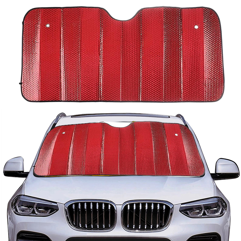 شماسة السيارة واقية من الشمس لزجاج مقدمة السيارة يناسب معظم السيارات للزجاج الأمامي ( وجه احمر / وجة سلفر ، كود : 9185)