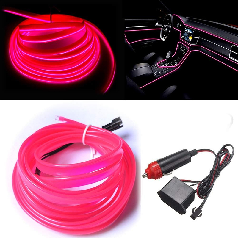 سلك اي ال ساطع مع حافة خياطة 6 ملم، سلك نيون 12 فولت مع حماية الصمامات للديكور الداخلي للسيارة (اضاءة لون بينك - طول : 3 متر)