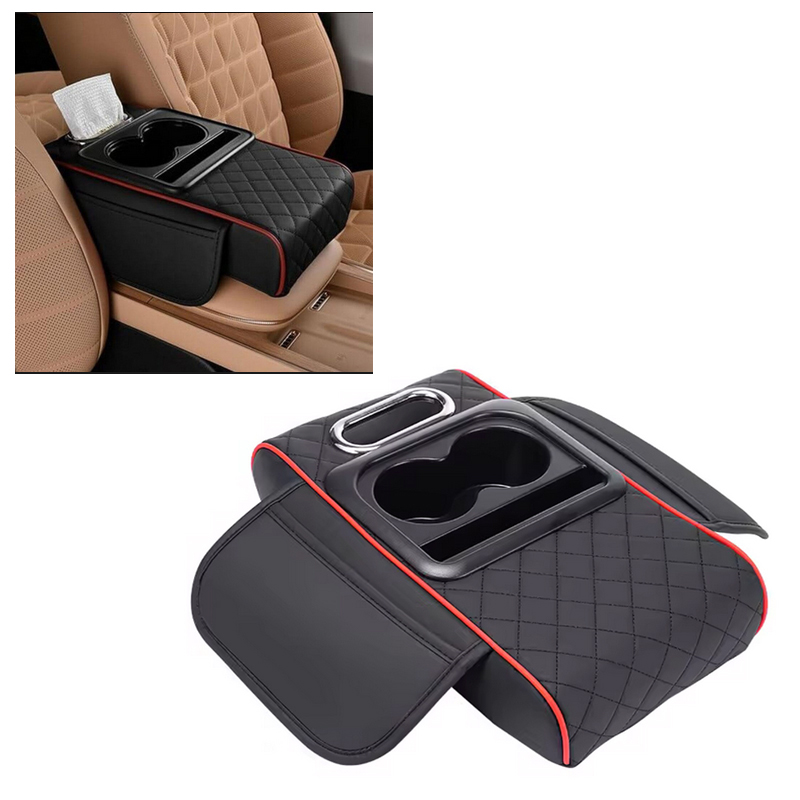 غطاء متعدد الوظائف لوحدة التحكم المركزية للسيارة مع وسادة مريحة، وحامل أكواب وجيوب جانبية لدعم مسند الذراع (مزود ب علبة مناديل ، لون اسود ، كود : 9636 )