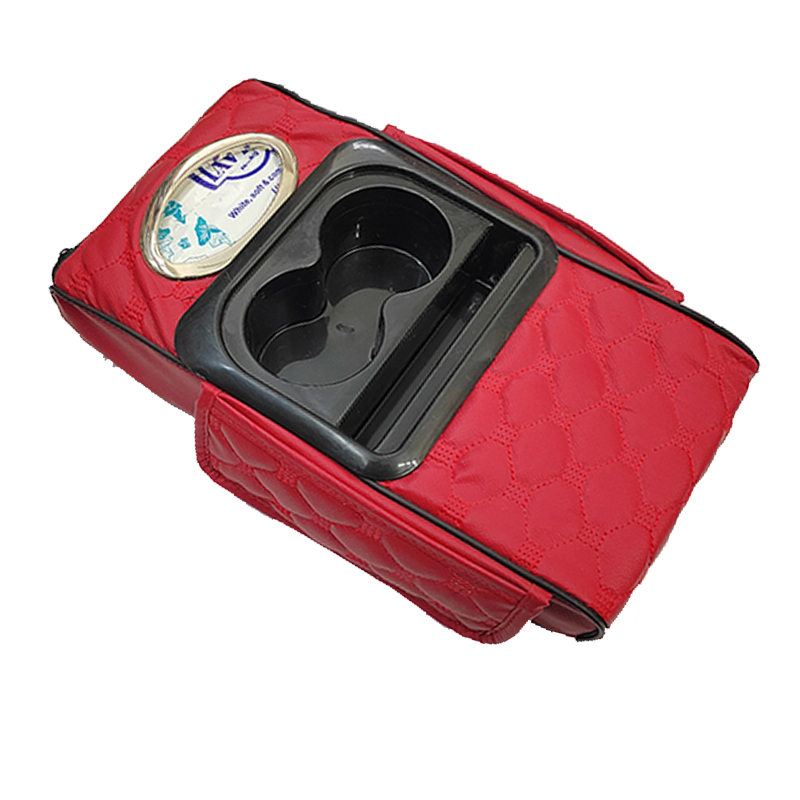 غطاء متعدد الوظائف لوحدة التحكم المركزية للسيارة مع وسادة مريحة، وحامل أكواب وجيوب جانبية لدعم مسند الذراع (مزود ب علبة مناديل ، لون احمر ، كود : 9639 )