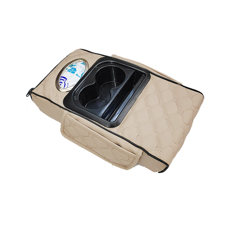 غطاء متعدد الوظائف لوحدة التحكم المركزية للسيارة مع وسادة مريحة، وحامل أكواب وجيوب جانبية لدعم مسند الذراع (مزود ب علبة مناديل ، لون بيج ، كود : 9640 )