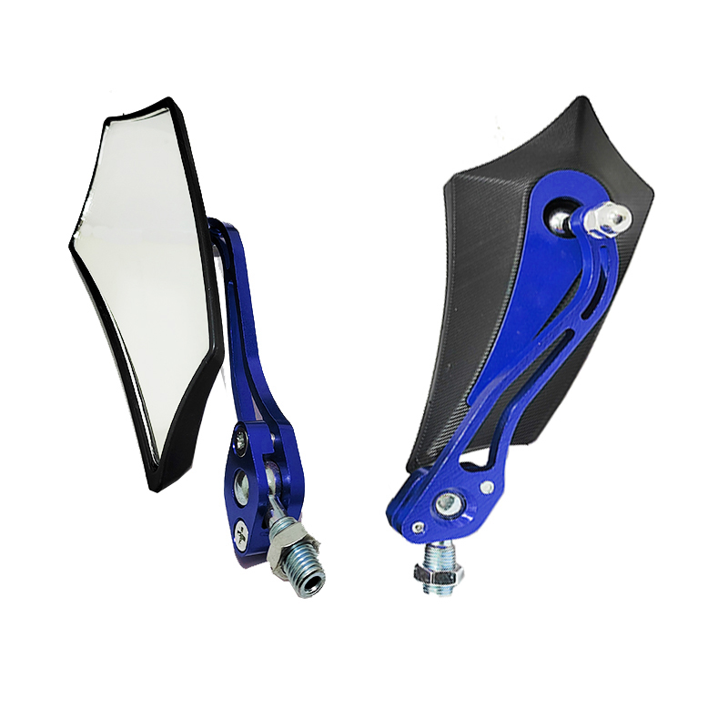 طقم مرايا رؤية خلفية جانبية عالمية للدراجات النارية والسكوتر، دوران 360 درجة،هيكل مضاد للصدمات مع ذراع الومنيوم (مرايا ازرق فى اسود كاربون ، كود : 10205)