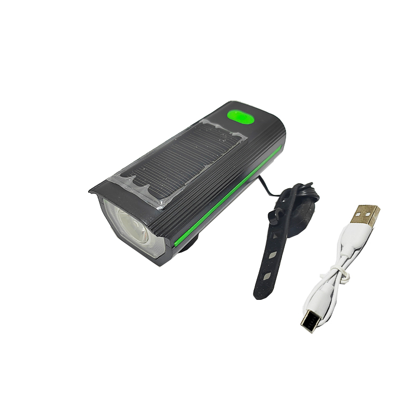 كشاف أمامي للدراجة الهوائية مزود بسرينة تصدر خمسة أصوات مختلفة ( يعمل بالشحن بمنفذ USB وبالطاقة الشمسية ، كود: 10373)