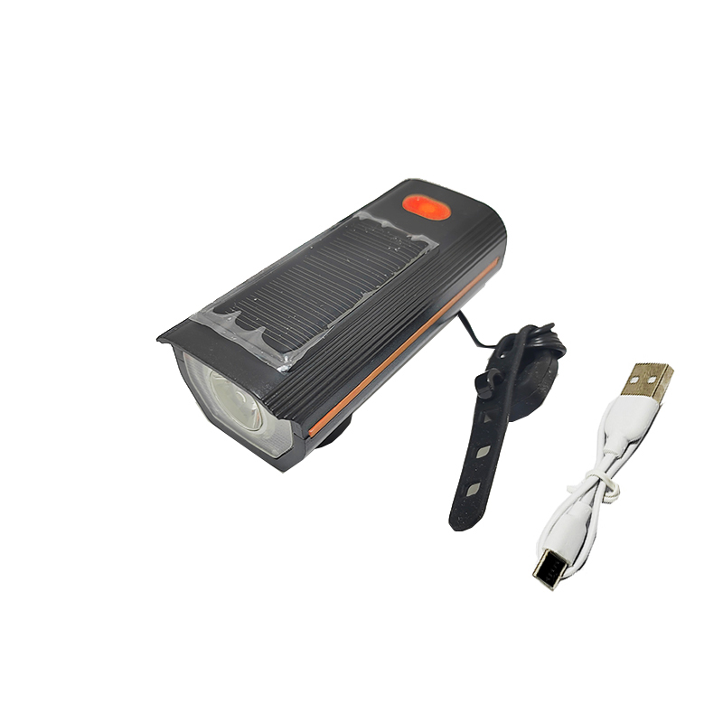 كشاف أمامي للدراجة الهوائية مزود بسرينة تصدر خمسة أصوات مختلفة ( يعمل بالشحن بمنفذ USB وبالطاقة الشمسية ، كود: 10377)